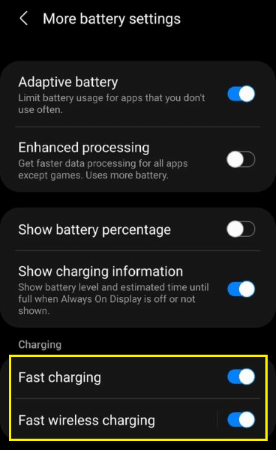 samsung settings more battery settings
