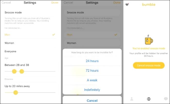 how to change location on bumble by turning on snooze mode