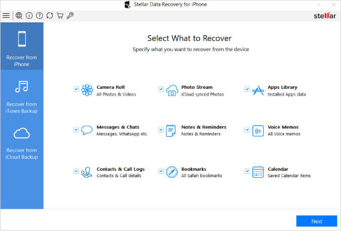 the interface of stellar data recovery for iphone