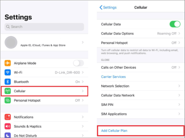 go to settings, select cellular, then touch on add cellular plan
