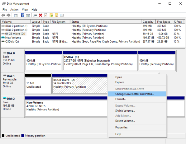 choose the change drive letter and paths option