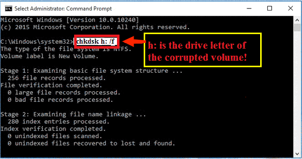 enter chkdsk h: /f