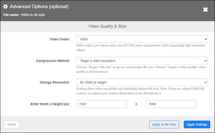 choose advanced options to select the resolution