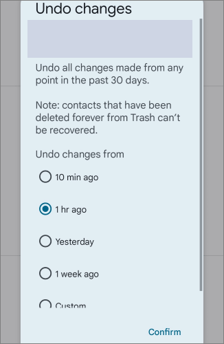 settings of undo changes feature in google contacts