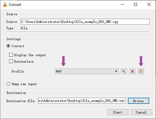 choose output format in vlc