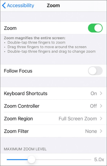 zoom settings of iphone