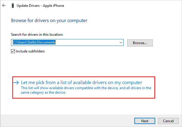 choose let me pick from a list of available drivers on the computer