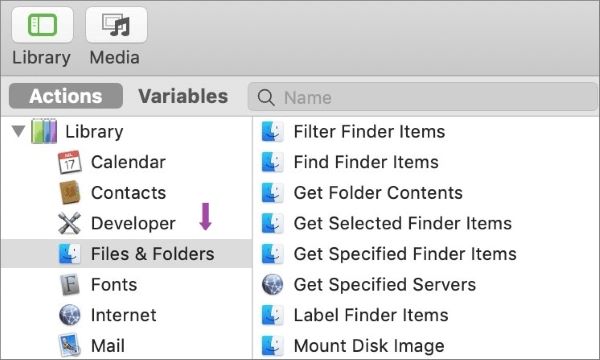 find files and folders feature of workflow in automator on mac