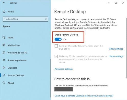 turn on enable remote desktop