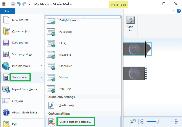 create custom setting of movie in movie maker