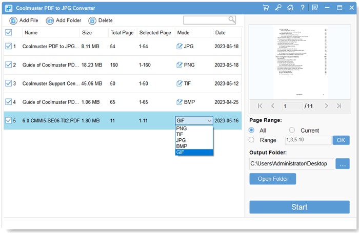 select pdf files and set output options