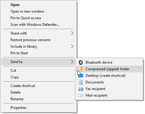 send to compressed folder in windows