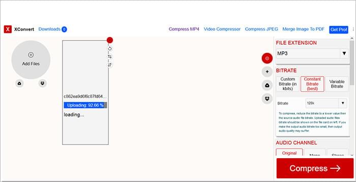 reduce audio file size using xconvert