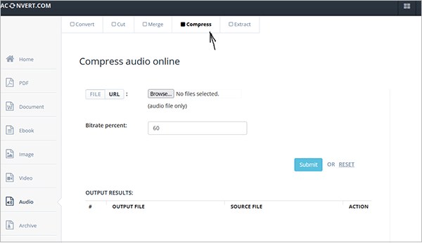 reduce audio file size using aconvert