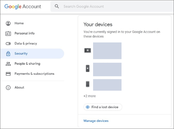 security tab of google account