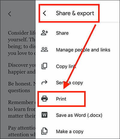 tap share and export then print