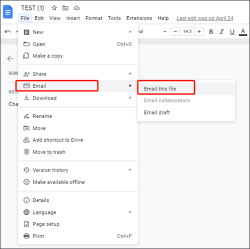 how to save a google doc as a pdf by email