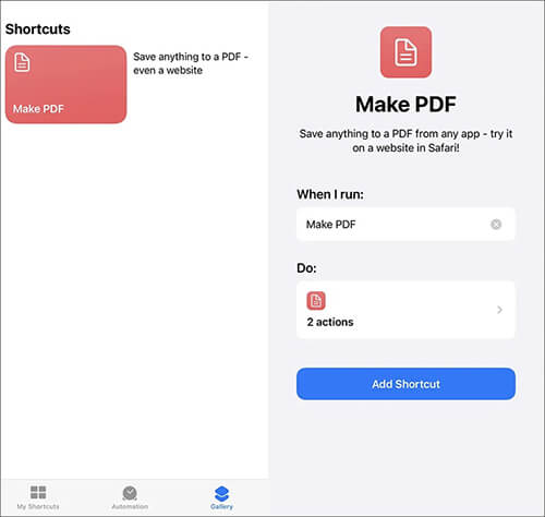 click make a pdf and add shortcut button