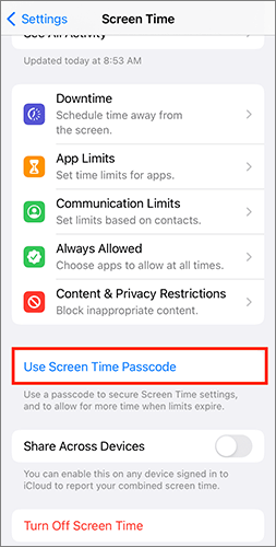 create a passcode for screen time
