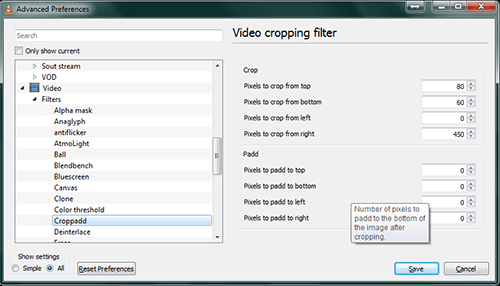 video cropping filter on vlc