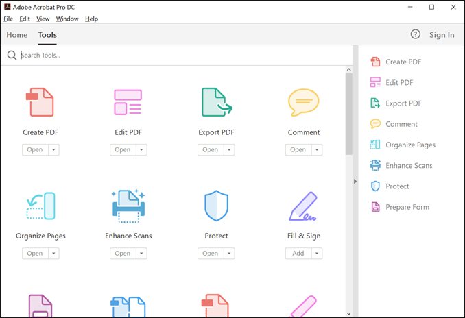 the tools option of adobe acrobat pro