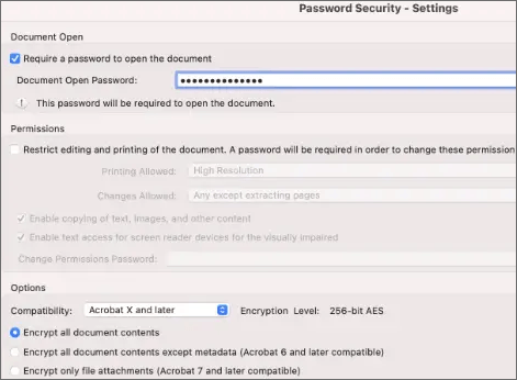 password security options of the unlock tool in adobe acrobat