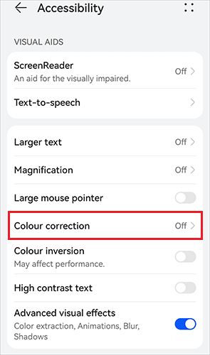 turn off colour correction to fix black and white screen on android phone