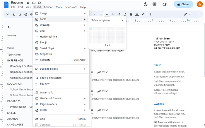 create a table in the document