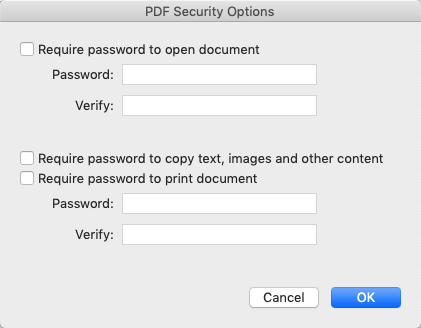 set the pdf security options