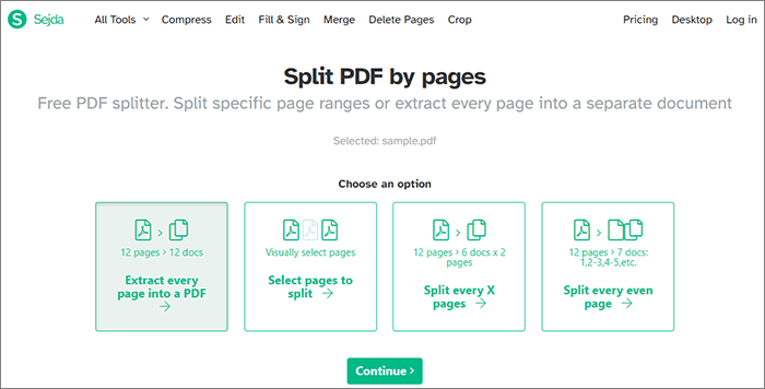 choose an option for splitting the pdf
