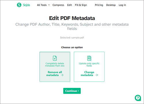 remove metadata from pdf online using sejda