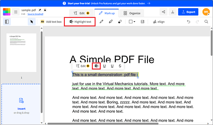 highlight pdf document using smallpdf