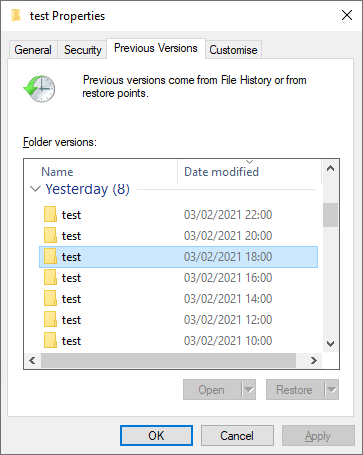 locate the previous versions feature of folder properties