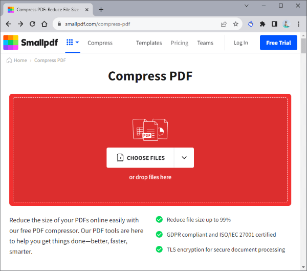 reduce the size of a pdf via smallpdf