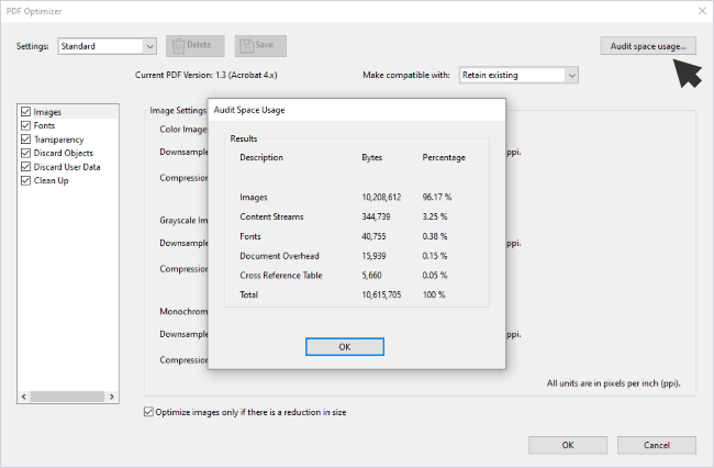 click the audit space usage option