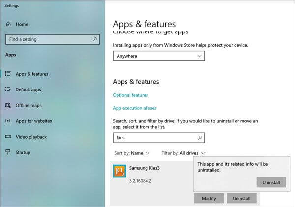 uninstall samsung kies on windows 10/11