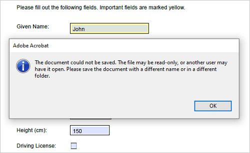 the document could not be saved