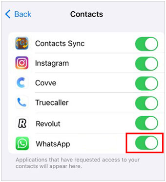 turn on whatsapp option on contacts settings
