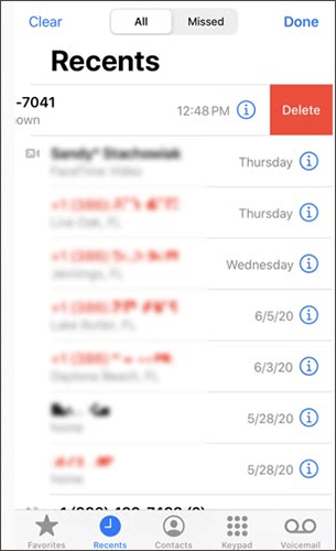 iphone clear recent calls using swipe left option