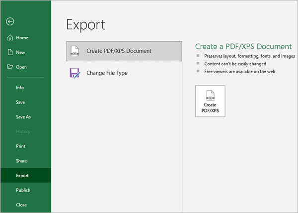 microsoft office export excel as pdf or xps