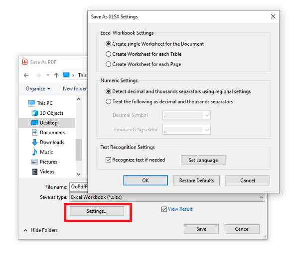 export settings