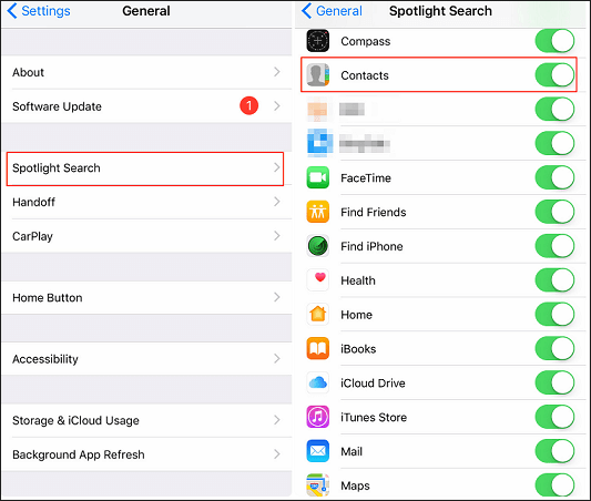 reconfigure spotlight search settings to fix search contacts not working on iphone