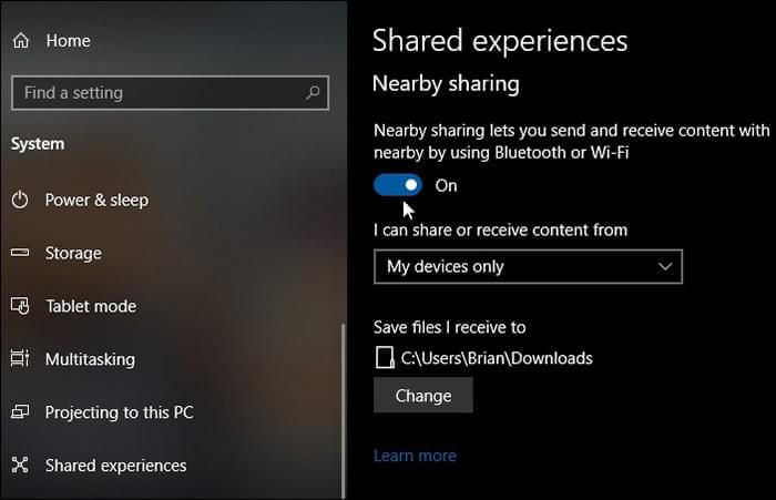 turn on near sharing on pc