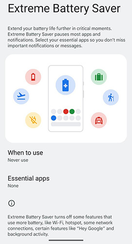 fix pixel battery drain - turn on extreme battery saver
