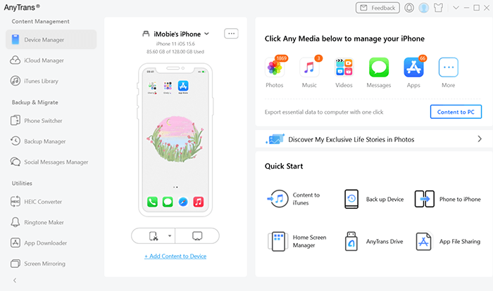 l'interface principale d'anytrans pour ios