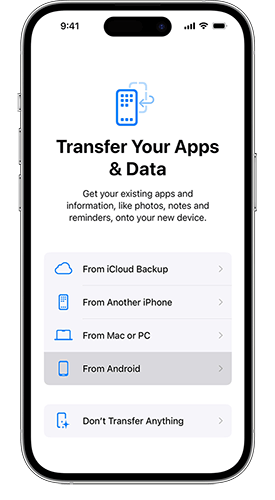 pilih dari android di halaman transfer aplikasi dan data Anda