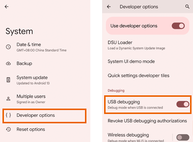 open usb debugging on google