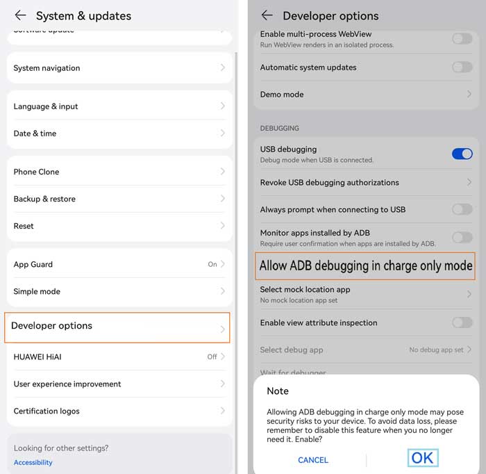 Huaweiの充電専用モードでADBデバッグを許可する