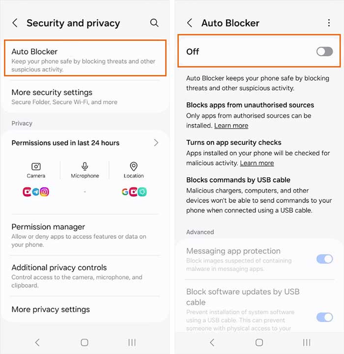 Samsungの自動ブロッカーを無効にする