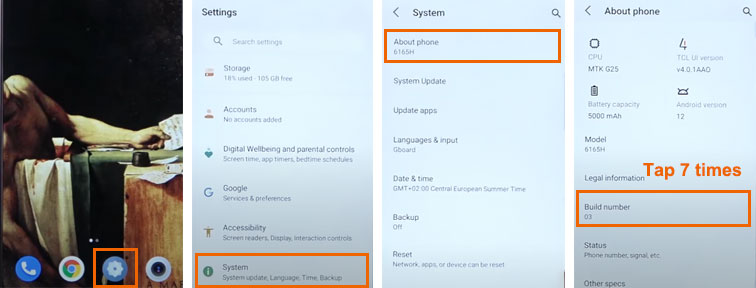 enable developer options on tcl phone